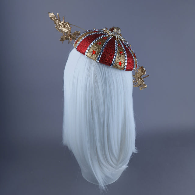 "Cirque Forever" Gold & Red Circus Carousel Wired Veil Hat