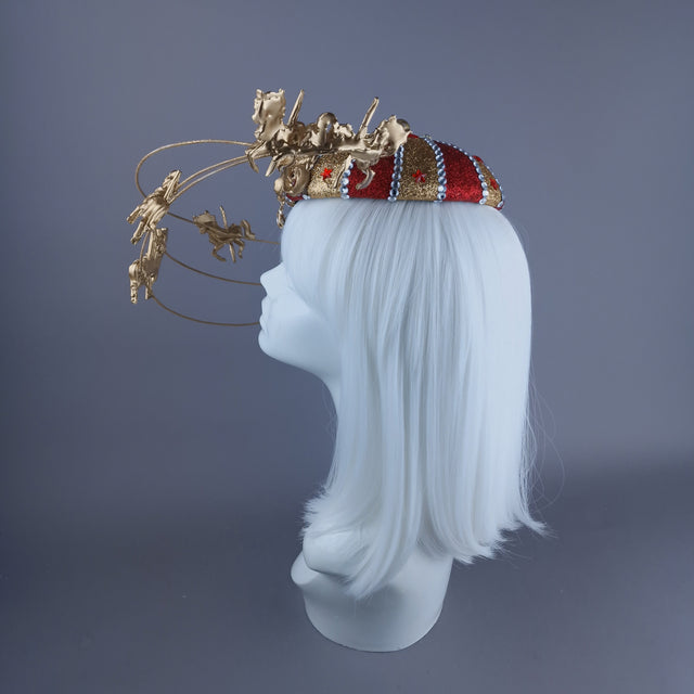"Cirque Forever" Gold & Red Circus Carousel Wired Veil Hat