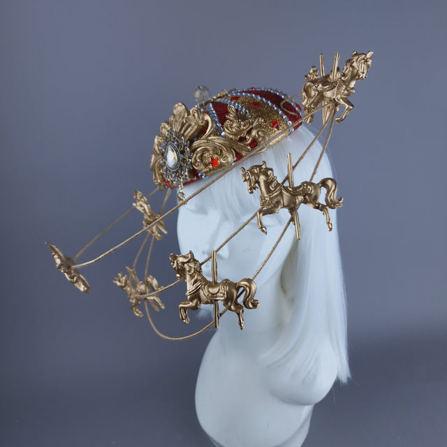 "Cirque Forever" Gold & Red Circus Carousel Wired Veil Hat