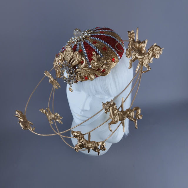 "Cirque Forever" Gold & Red Circus Carousel Wired Veil Hat