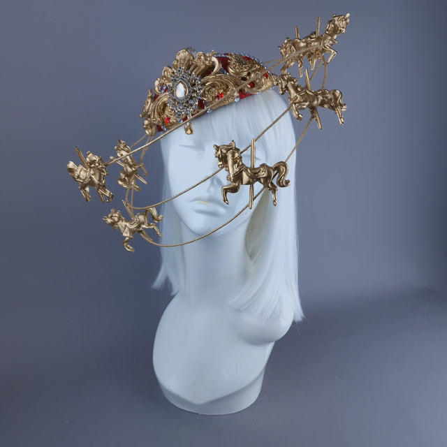 "Cirque Forever" Gold & Red Circus Carousel Wired Veil Hat