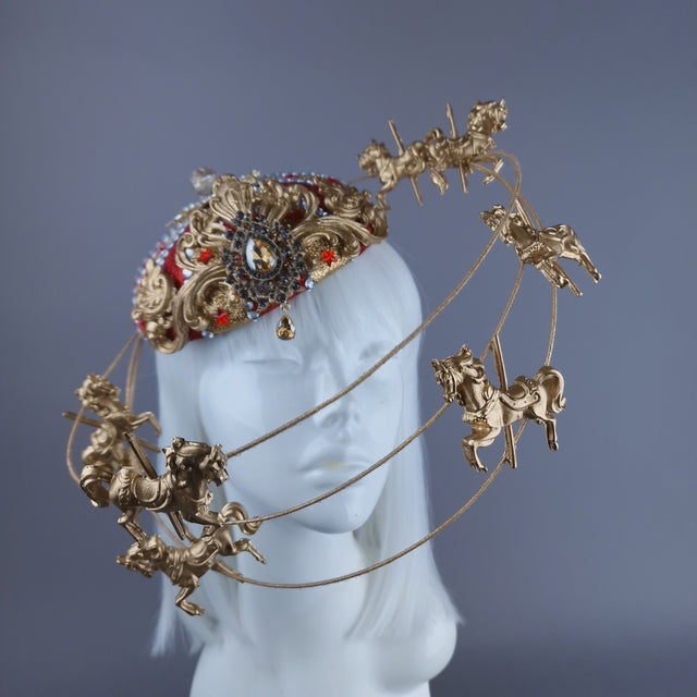 "Cirque Forever" Gold & Red Circus Carousel Wired Veil Hat