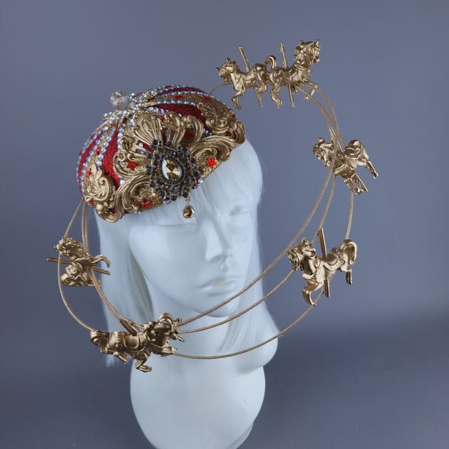 "Cirque Forever" Gold & Red Circus Carousel Wired Veil Hat