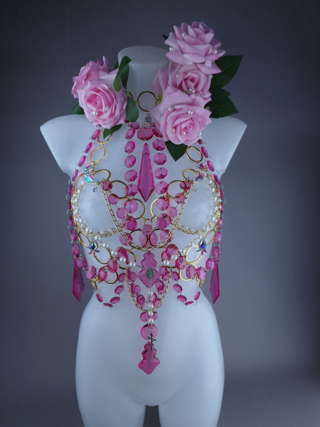 "Chastity" Pink Rose, Jewel & Chain Harness