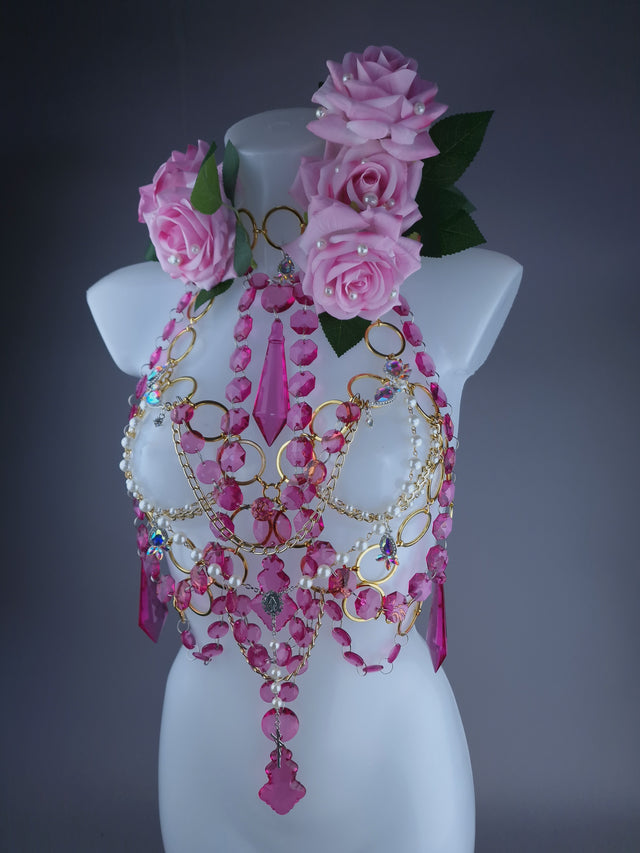 "Chastity" Pink Rose, Jewel & Chain Harness