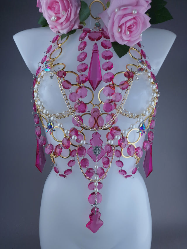 "Chastity" Pink Rose, Jewel & Chain Harness