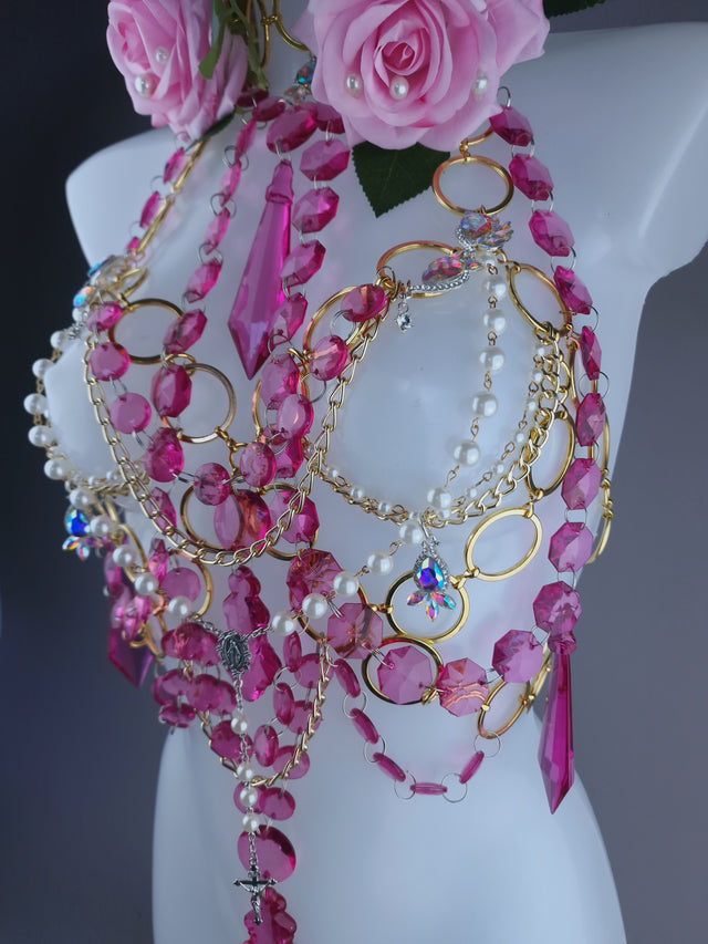 "Chastity" Pink Rose, Jewel & Chain Harness