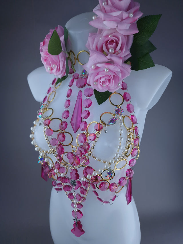 "Chastity" Pink Rose, Jewel & Chain Harness