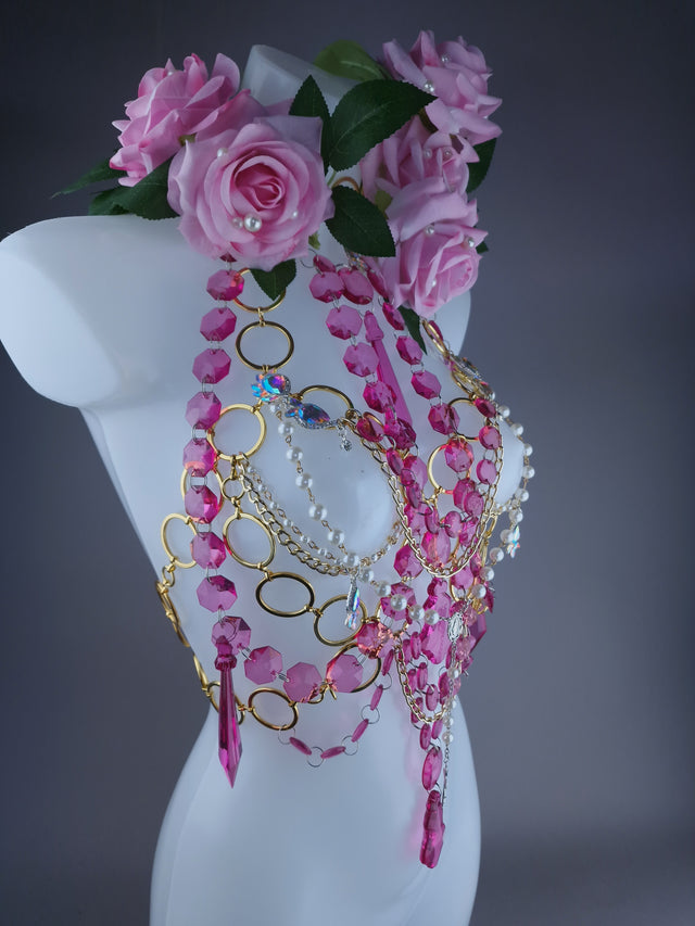 "Chastity" Pink Rose, Jewel & Chain Harness