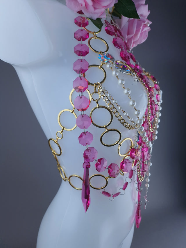 "Chastity" Pink Rose, Jewel & Chain Harness