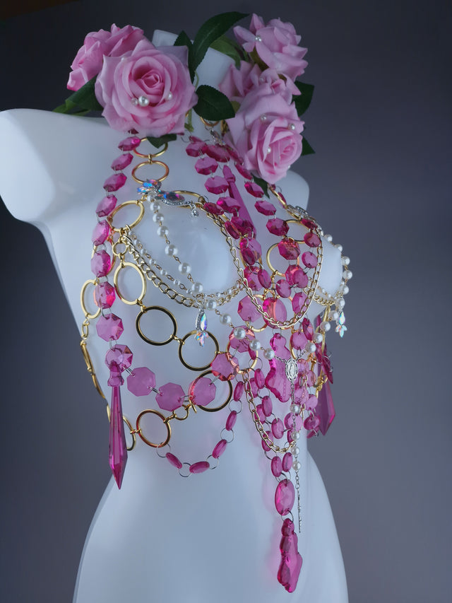 "Chastity" Pink Rose, Jewel & Chain Harness