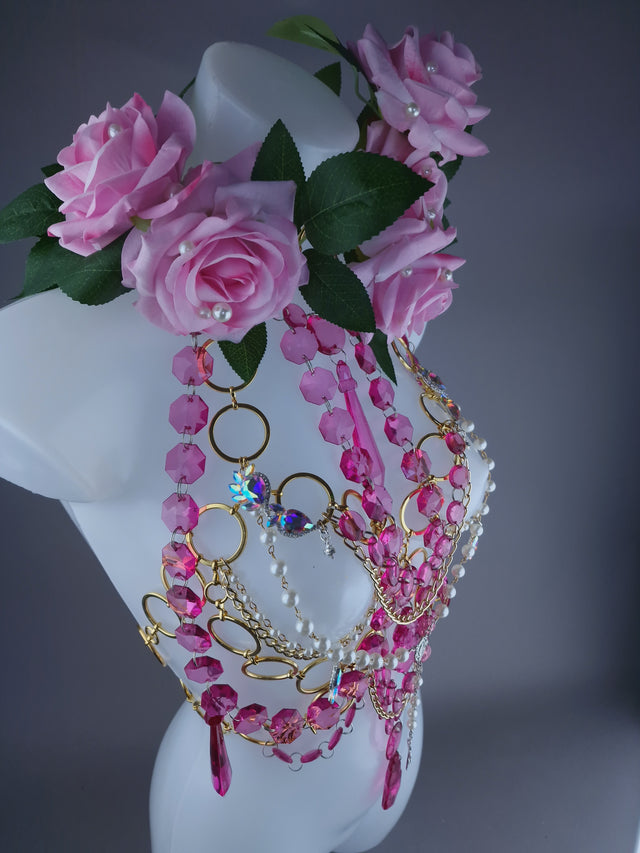 "Chastity" Pink Rose, Jewel & Chain Harness