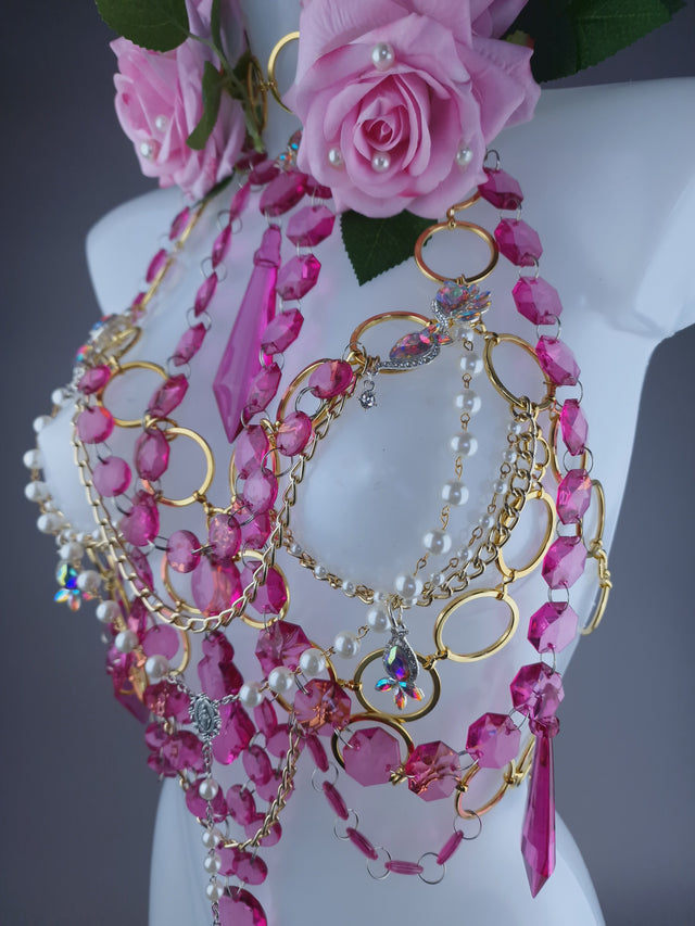 "Chastity" Pink Rose, Jewel & Chain Harness