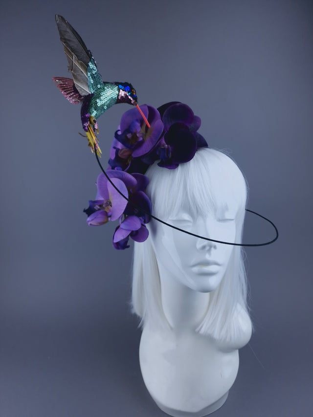 "Whir" Hummingbird & Purple Orchid Headdress