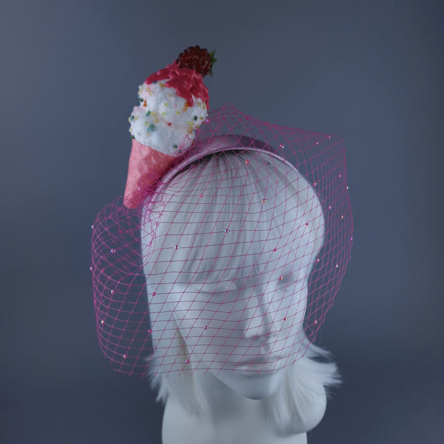 "Seagull's Delight" Raspberry Ice-cream Veil Headdress
