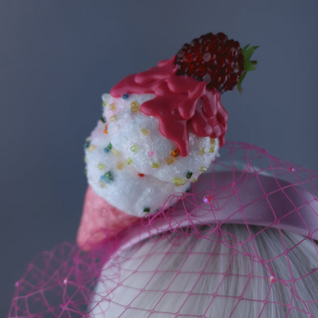 "Seagull's Delight" Raspberry Ice-cream Veil Headdress