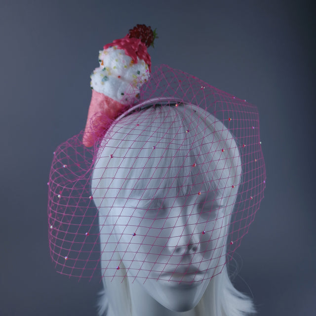 "Seagull's Delight" Raspberry Ice-cream Veil Headdress