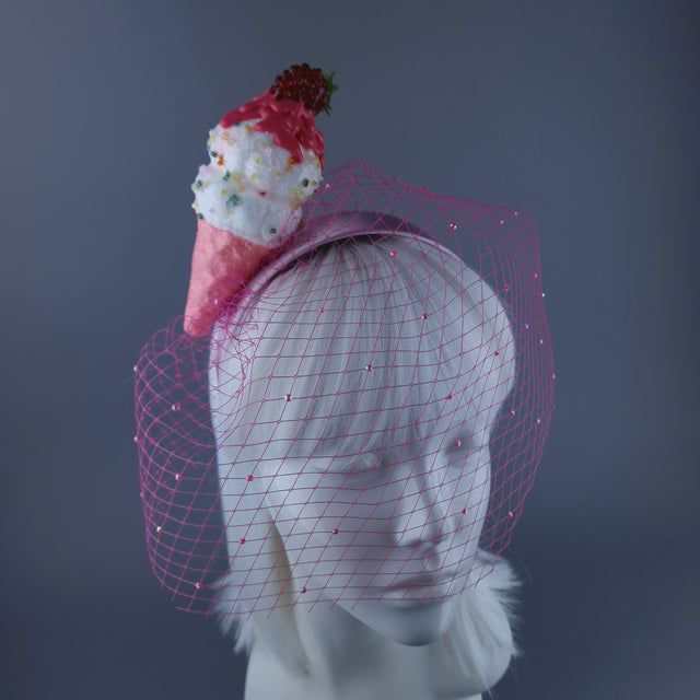 "Seagull's Delight" Raspberry Ice-cream Veil Headdress