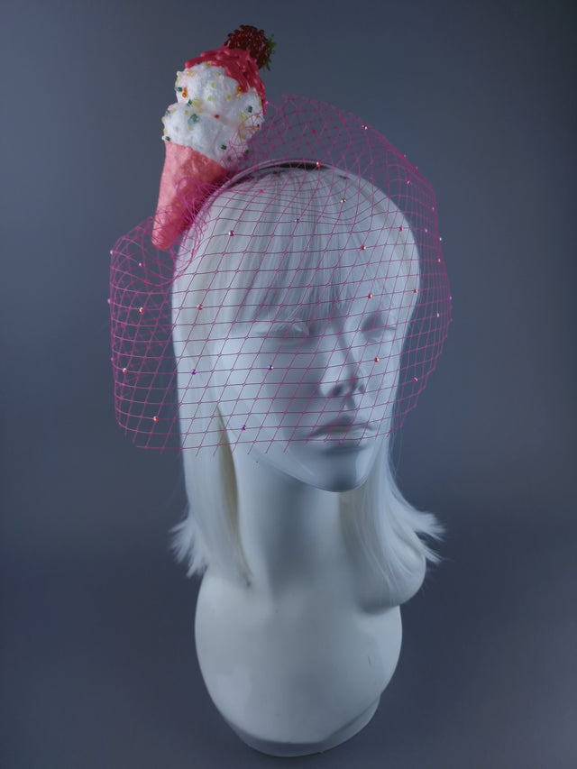 "Seagull's Delight" Raspberry Ice-cream Veil Headdress