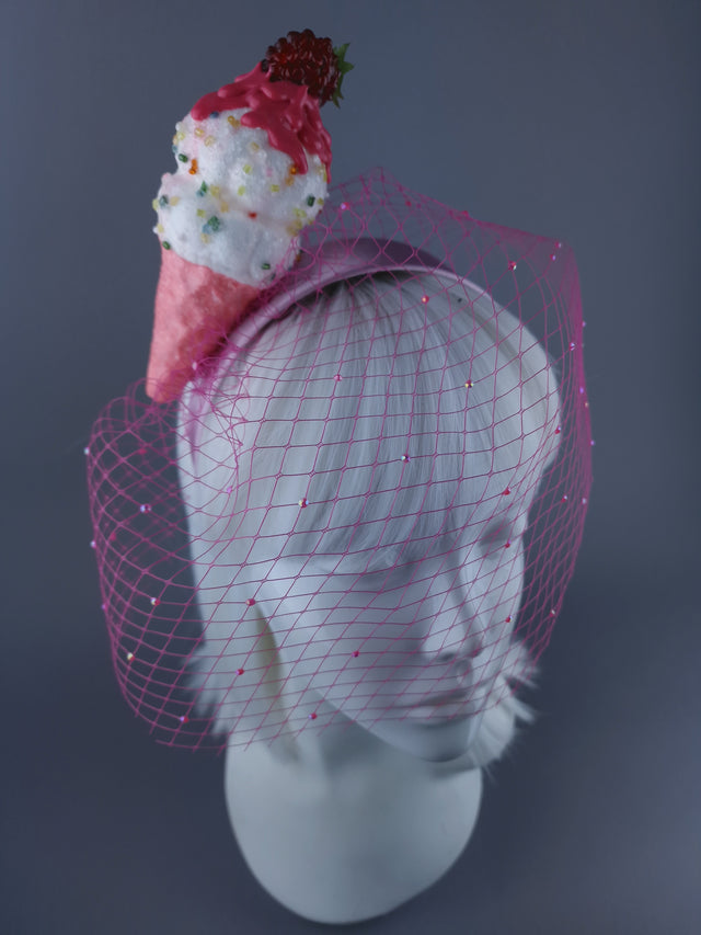 "Seagull's Delight" Raspberry Ice-cream Veil Headdress