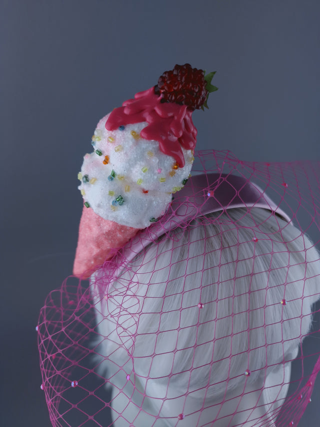 "Seagull's Delight" Raspberry Ice-cream Veil Headdress