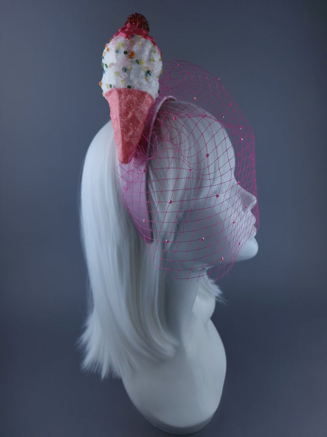 "Seagull's Delight" Raspberry Ice-cream Veil Headdress