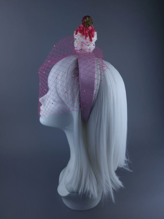 "Seagull's Delight" Raspberry Ice-cream Veil Headdress