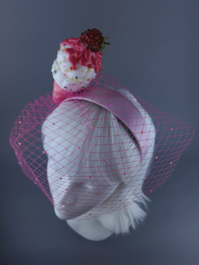 "Seagull's Delight" Raspberry Ice-cream Veil Headdress