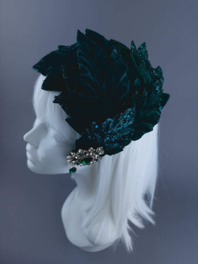 Pearls & Swine: Green Vintage-Inspired Headdress with Velvet Leaf detail "Baxter"