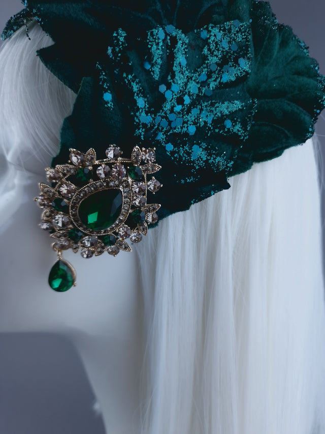 Pearls & Swine: Green Vintage-Inspired Headdress with Velvet Leaf detail "Baxter"