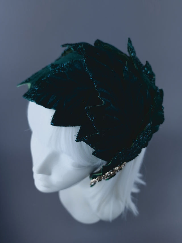 Pearls & Swine: Green Vintage-Inspired Headdress with Velvet Leaf detail "Baxter"