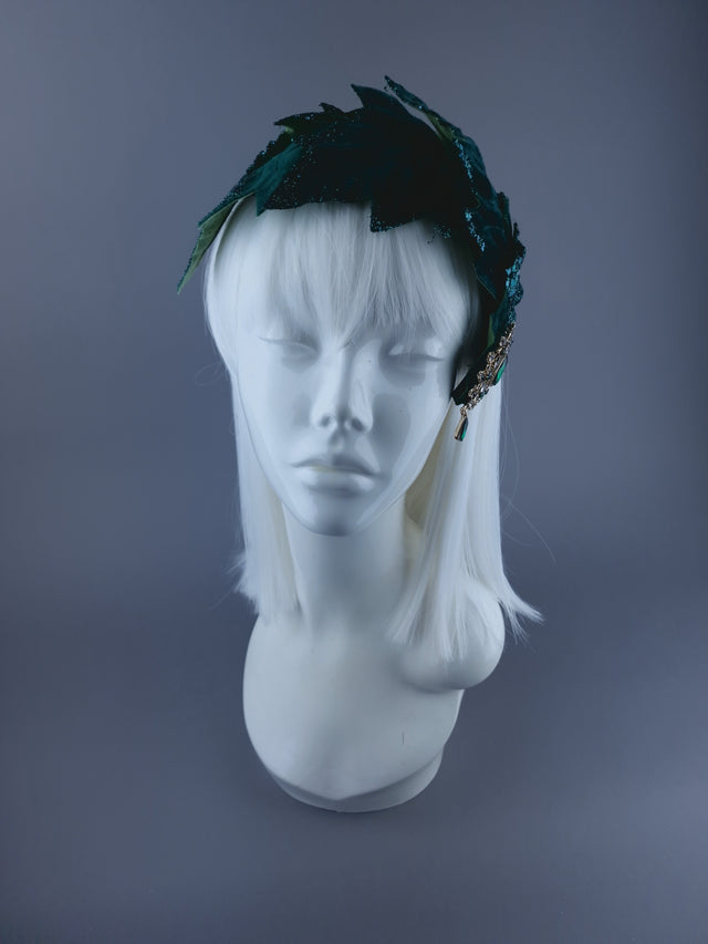 Pearls & Swine: Green Vintage-Inspired Headdress with Velvet Leaf detail "Baxter"