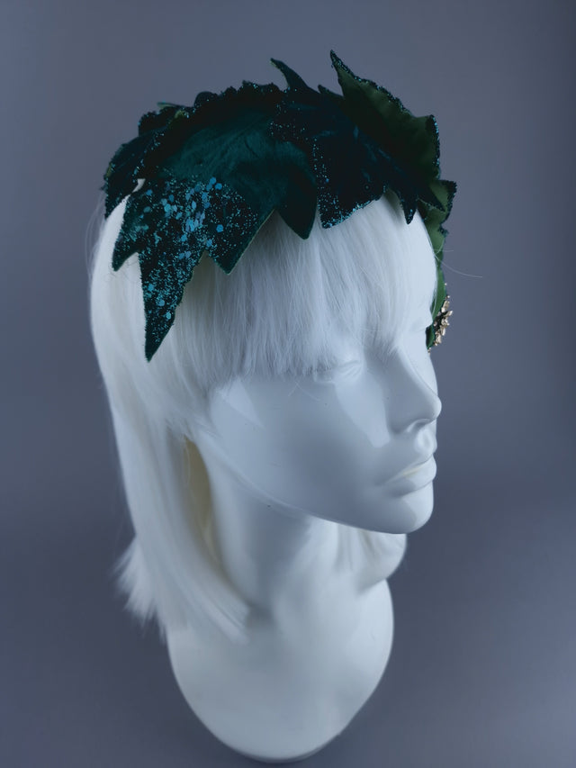 Pearls & Swine: Green Vintage-Inspired Headdress with Velvet Leaf detail "Baxter"
