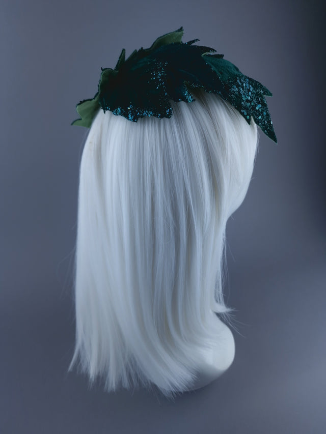 Pearls & Swine: Green Vintage-Inspired Headdress with Velvet Leaf detail "Baxter"