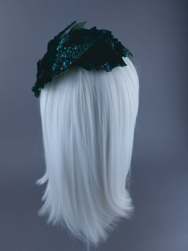Pearls & Swine: Green Vintage-Inspired Headdress with Velvet Leaf detail "Baxter"