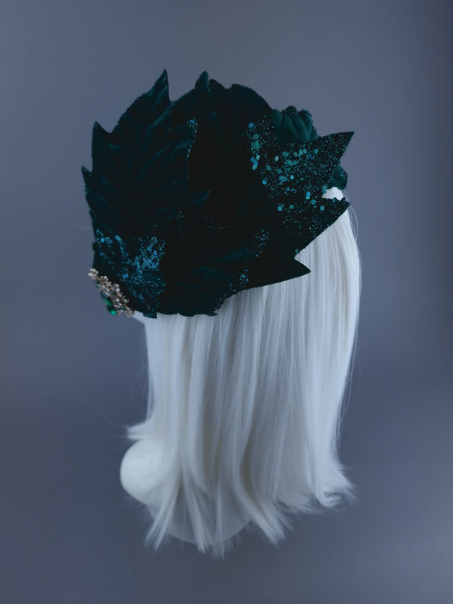 Pearls & Swine: Green Vintage-Inspired Headdress with Velvet Leaf detail "Baxter"