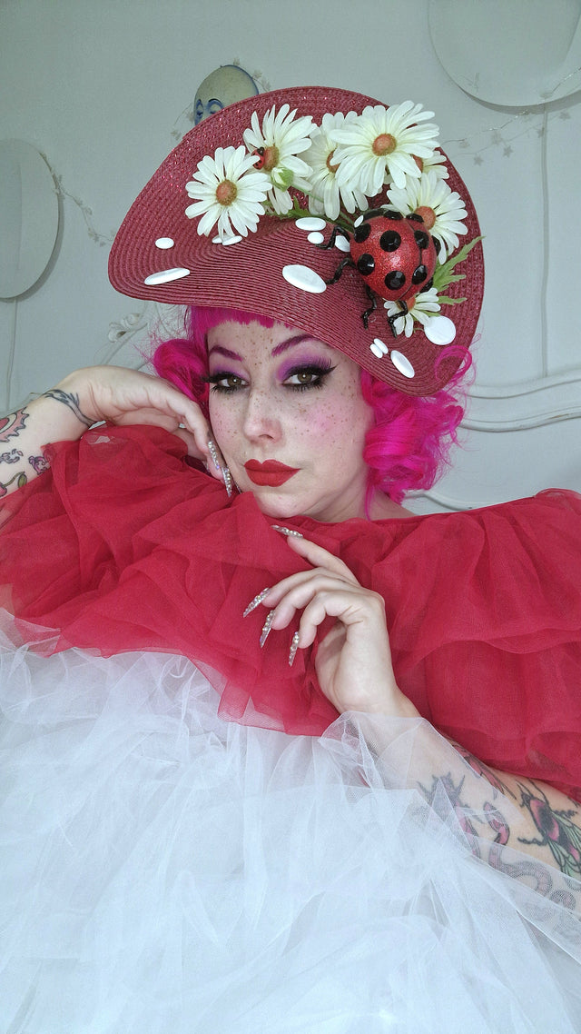 Pearls & Swine: Statement Red Mushroom Hat Ladybird & Daisies