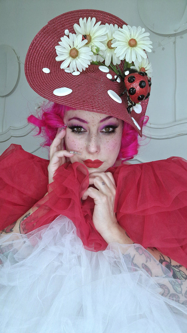 Pearls & Swine: Statement Red Mushroom Hat Ladybird & Daisies