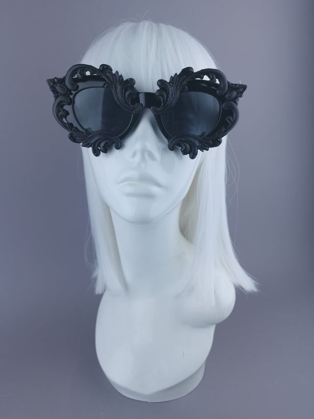 Pearls & Swine: Black Filigree Oversized Cat-Eye Sunglasses "Cyanide"