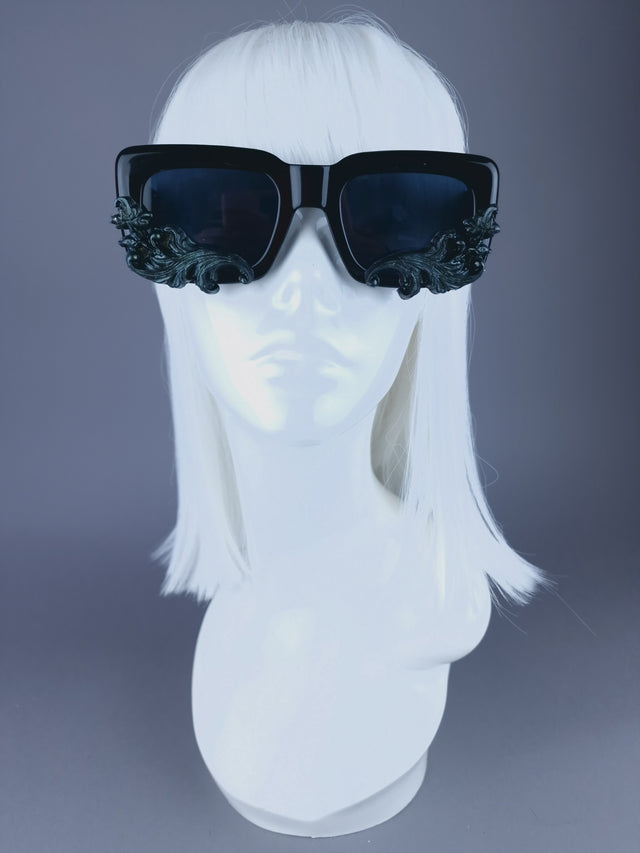 Pearls & Swine: Black Unisex Sunglasses with Teal Filigree "Jadis"