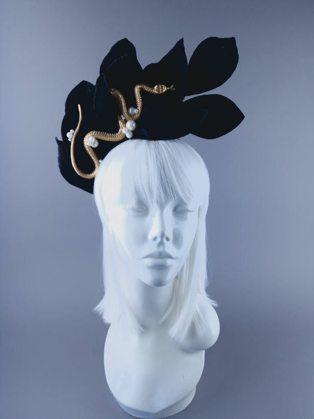 Pearls & Swine: Black Velvet Leaf Headdress with Gold Snake & Pearls "Edenn"