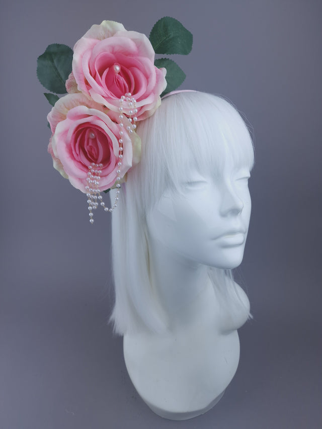 Large Pink Rose & Pearl headdress