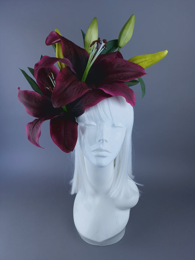 Pearls & Swine: Giant Plum Purple Lily Headdress 'Marisol"