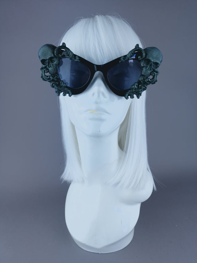 Pearls & Swine: Skull Cat Eye Sunglasses with Teal Filigree "Belial"