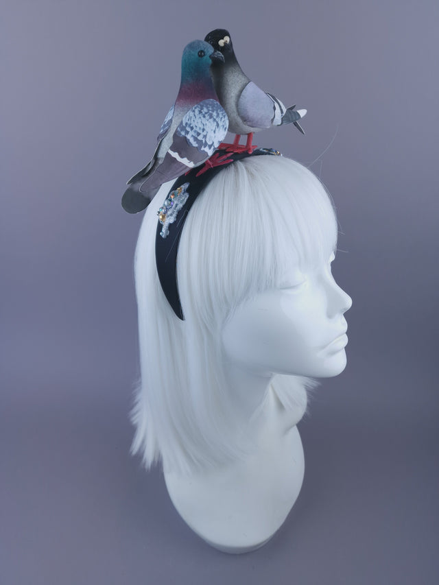 satin headband decorated with 2 kissing pigeons and hand-painted glittery poops with pearl beads & crystals in them.