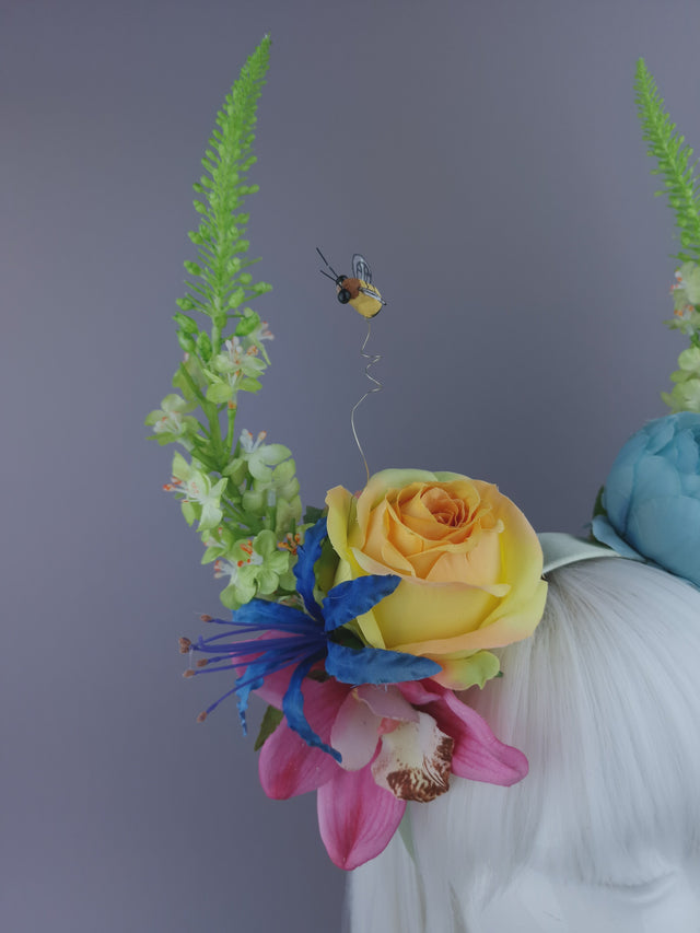 Pearls & Swine: Maximalist Floral Horn Headpiece with Bees "Fae"