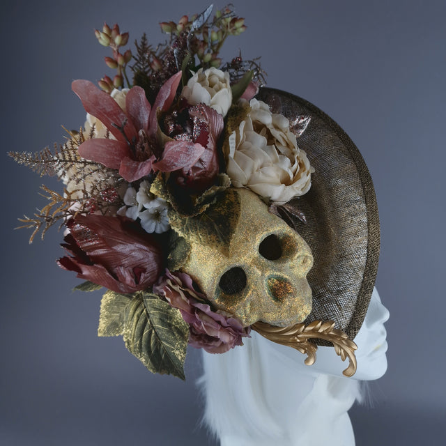 "Asura" Skull & Flower Gold & Brown Fascinator Hat