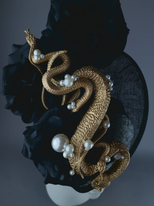 "Serpentt" Black Rose, Gold Snake & Pearl Fascinator Hat
