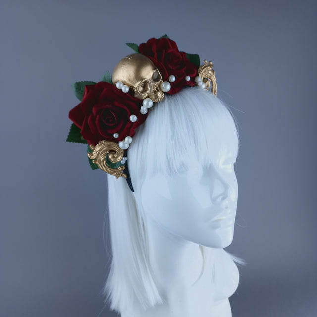 "Erela" Skull, Filigree & Red Rose Headpiece