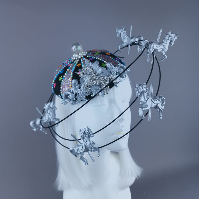 "Cirque Forever" Black, Silver & Colourful Circus Carousel Wired Veil Hat